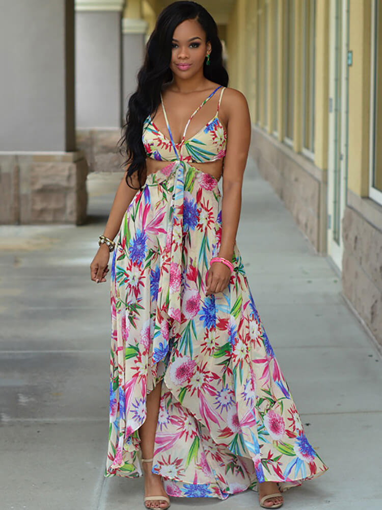 Floral Print Halter Asymmetrical Boho Midi Dress