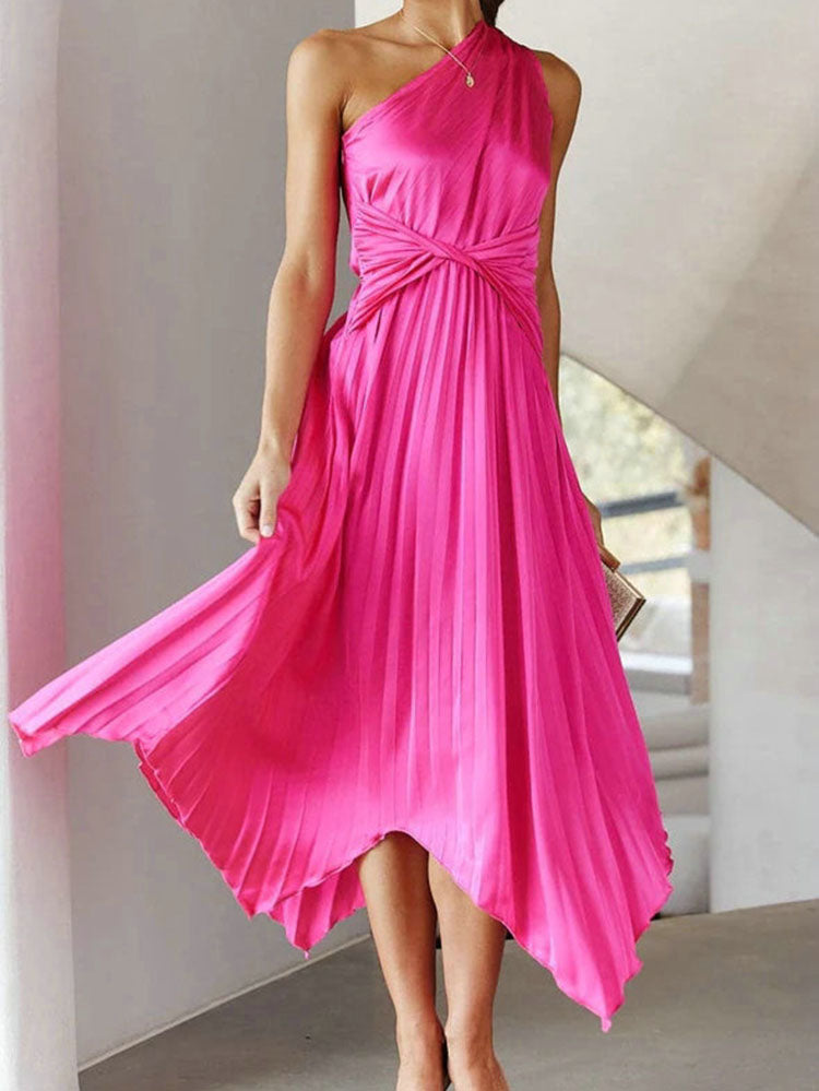 One Shoulder Sleeveless Pleted High Waist Midi Dresses