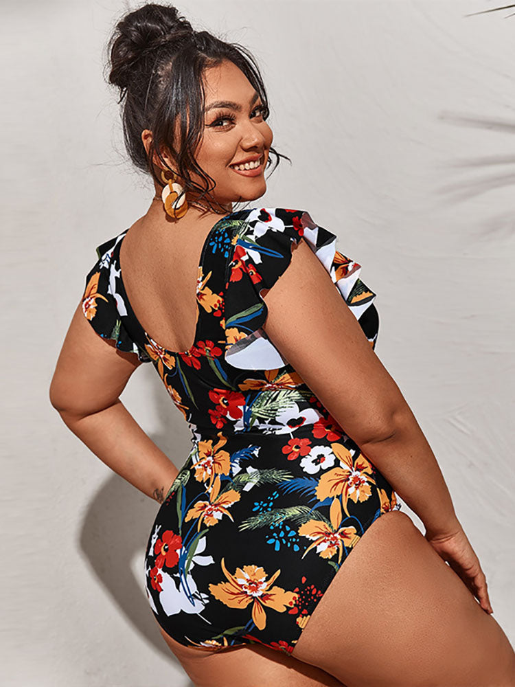 Plus Size Sleeveless Ruffle Floral Print Swimsuits