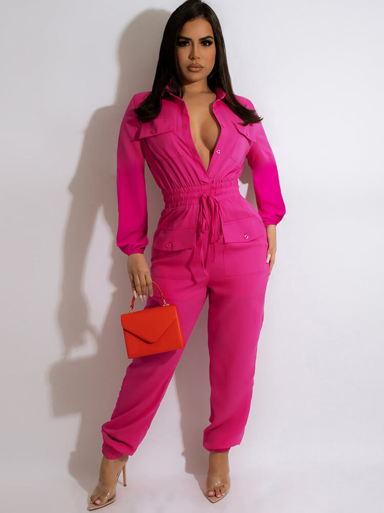 V Neck Button Down Long Sleeve Cargo JumpSuits