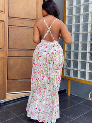 Spaghetti Strap Floral Print Backless Maxi Dresses