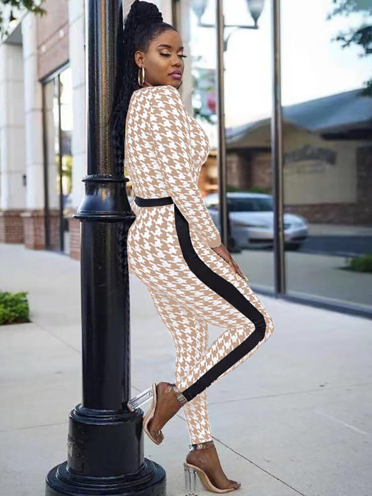 Houndstooth Long Sleeve Patchwork Bodycon Jumpsuit