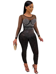 Long Sleeve Mesh Rhinestone Mesh Jumpsuits