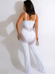 Rhinestone Spaghetti Strap Mesh Patchwork Jumpsuits