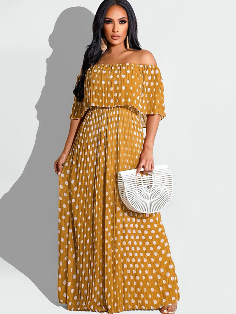 Chiffon Off Shoulder Polka Dot Maxi Dresses