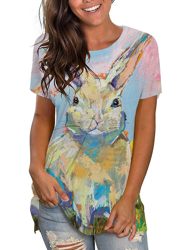 Plus Size Easter Short Sleeve Bunny Print T-shirt