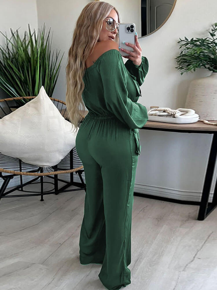 Off Shoulder Long Sleeve Strappy Waisted Jumpsuits