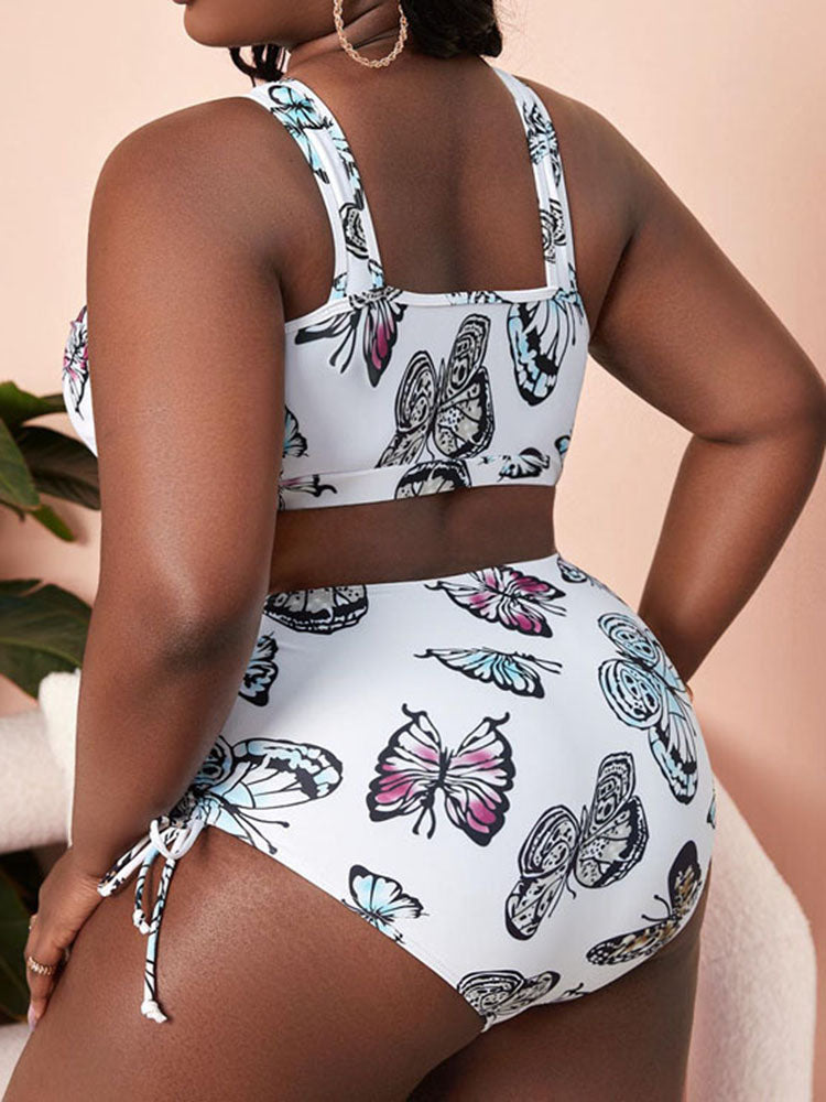 Plus Size Halter Neck Butterfly Print Swimsuit