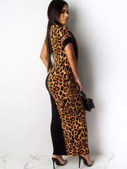 Short Sleeve Leopard Printed Patchwork Maxi Dress