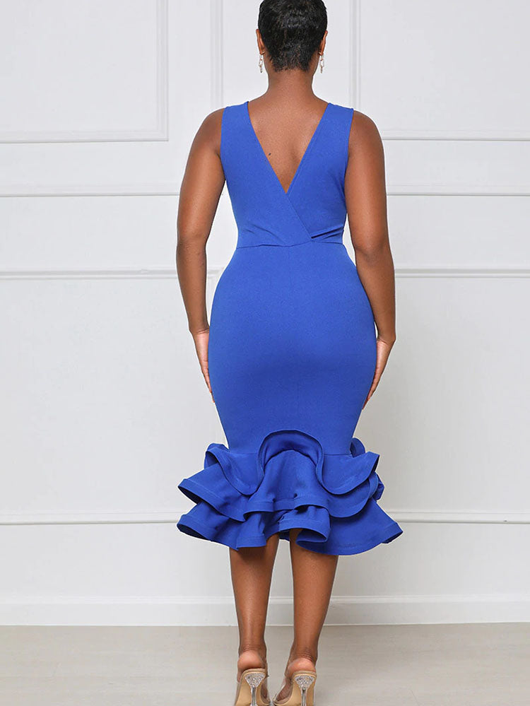 V Neck Ruffle Sleeveless Midi Dresses