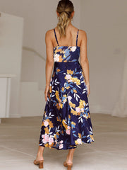 Floral Print V Neck Backless Maxi Dresses