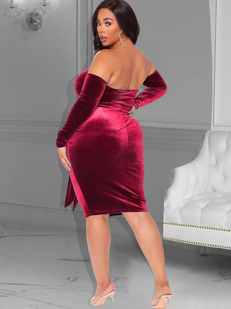 Plus Size Velvet Off Shoulder Midi Dresses