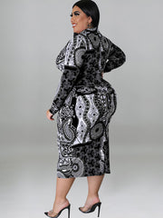 Plus Size Long Sleeve Lapel V Neck Midi Dresses