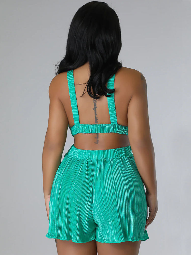 Spaghetti Strap Pleated Backless Cut Out Rompers