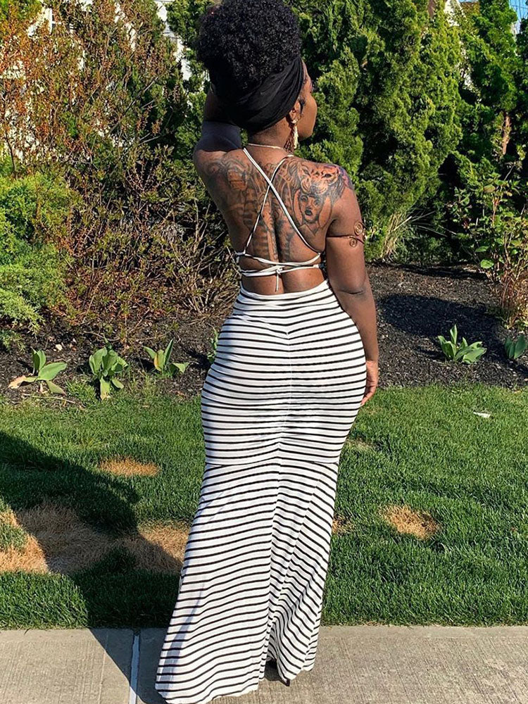 Striped Strapless Fishtail Maxi Dress