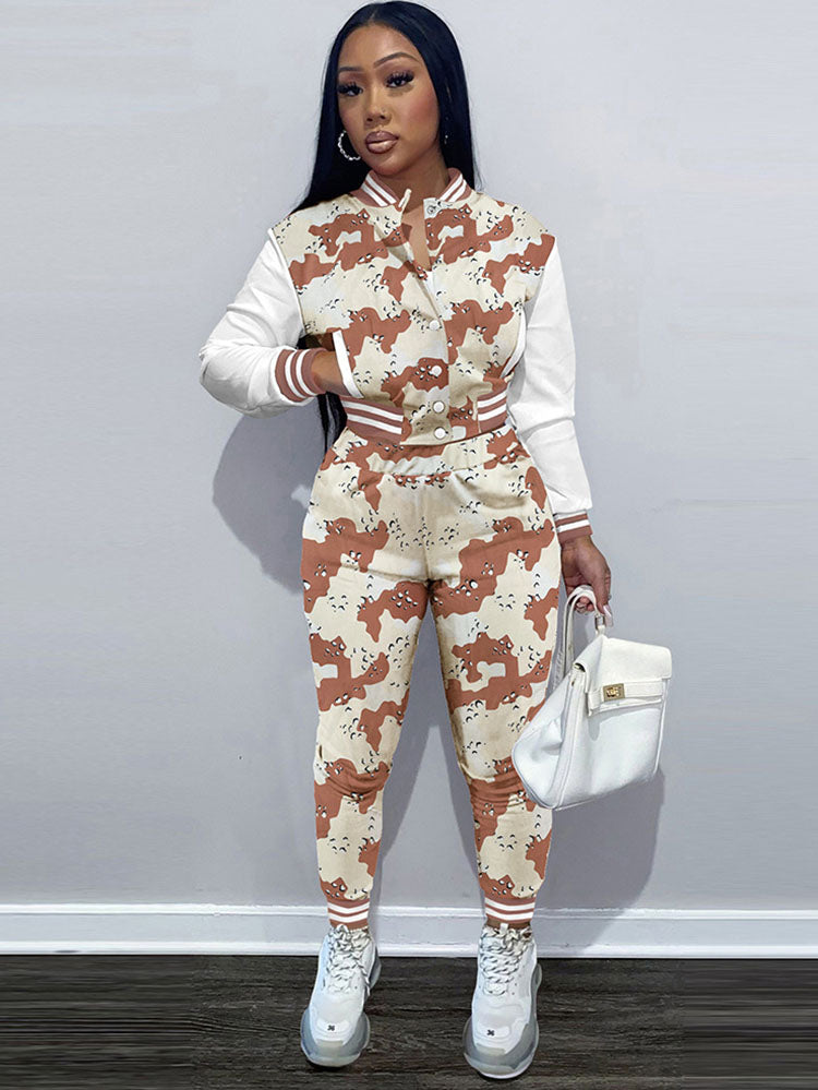 Two Piece Camouflage Print Pant Suits