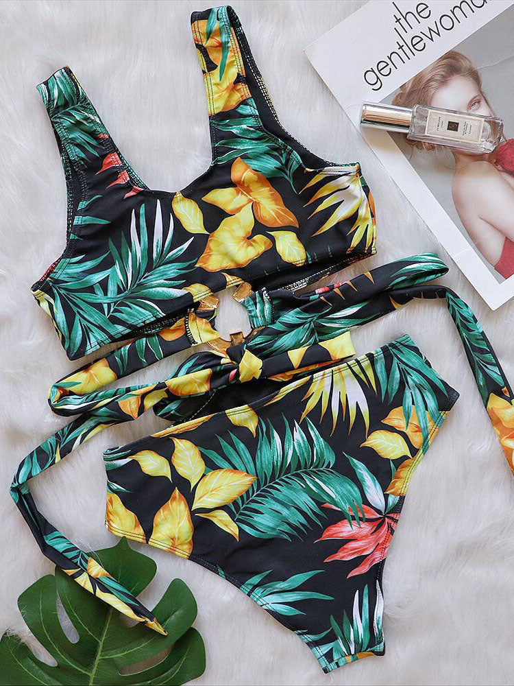 Sleeveless Backless Leaf Print Swimsuits