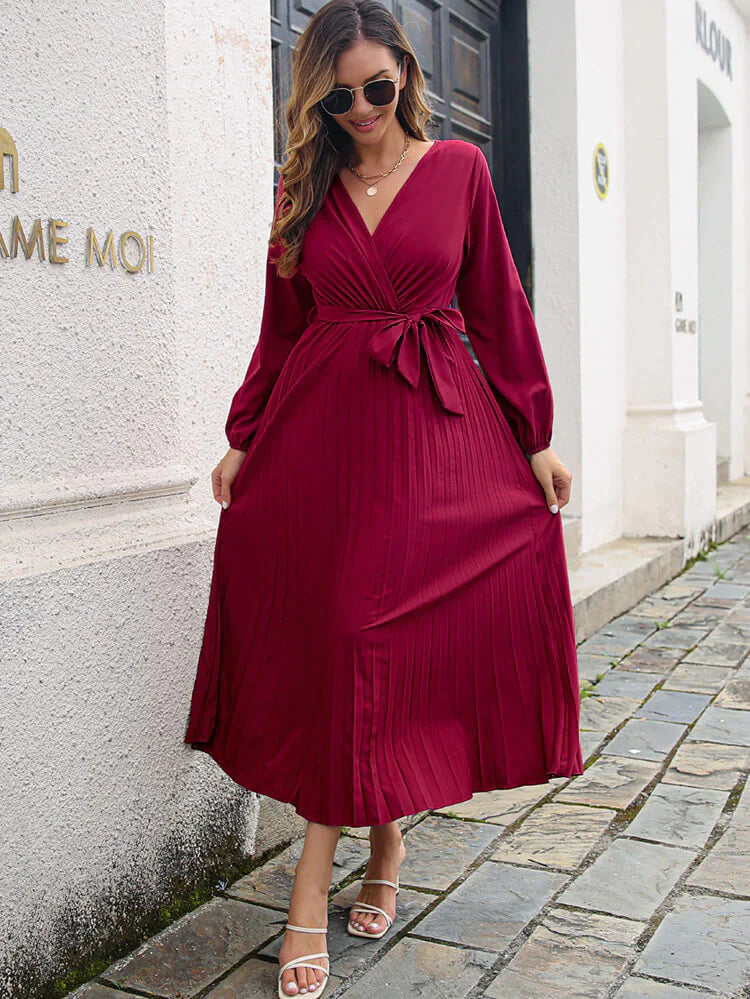 Chiffon Long Sleeve V Neck Midi Dresses