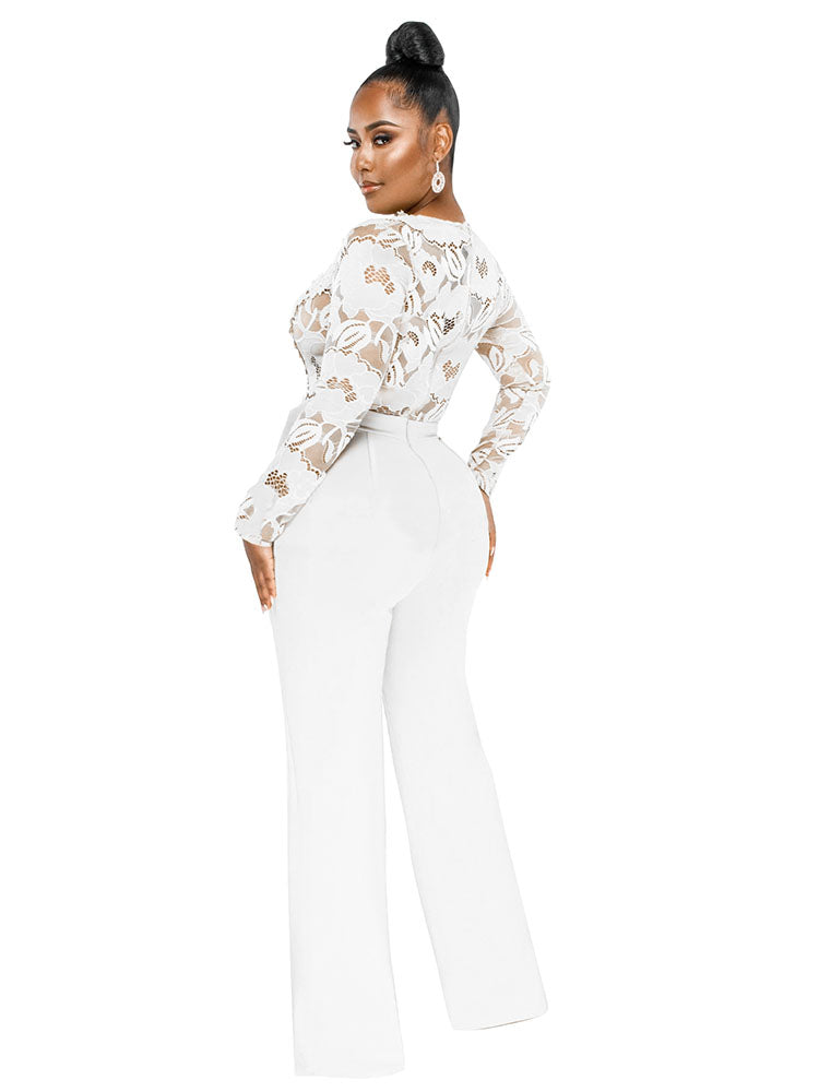 Lace Patchwork Long Sleeve V Neck Rompers