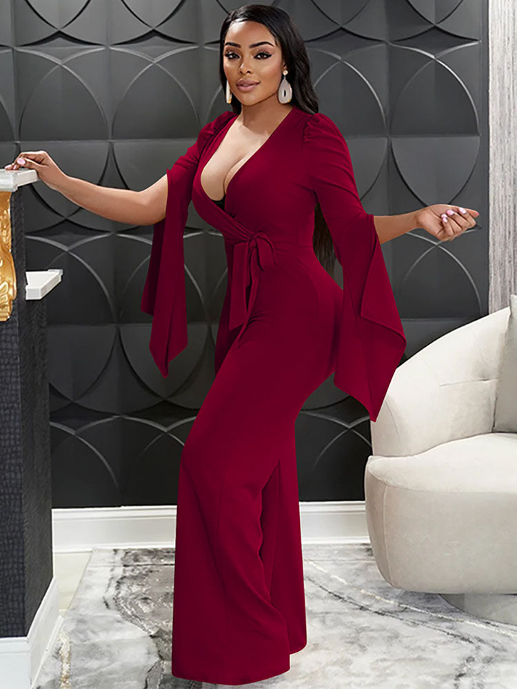 Long Sleeve Tie Up V Neck Jumpsuits