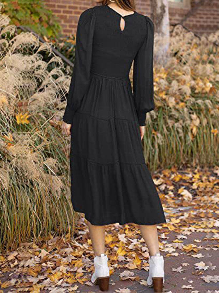 Long Sleeve Tiered Crew Neck Midi Dresses