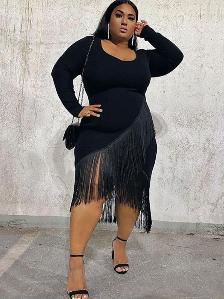 Plus Size Long Sleeves Tassels Midi Dresses