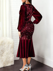 Lantern Sleeve Sequin Patchwork Midi Dresses