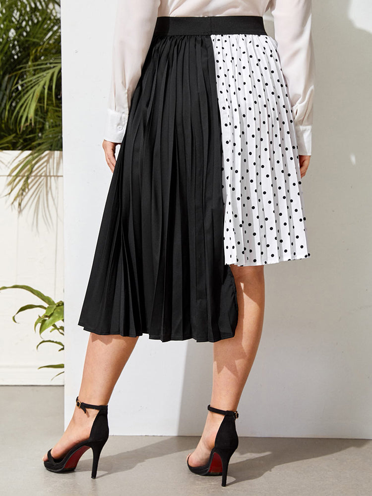 Spliced Polka Dot Pleated Skirt