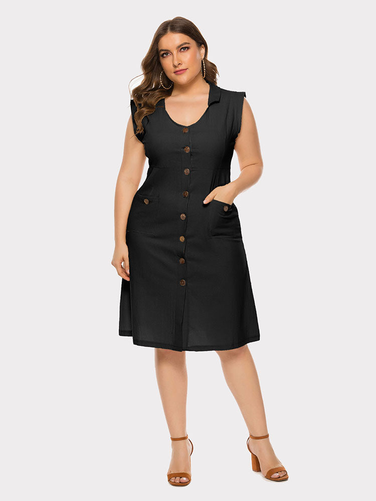 Plus Size Sleevelss Buttons Midi Dress