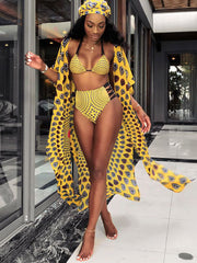 Hollow Out Printed Three-Piece Bikini Set