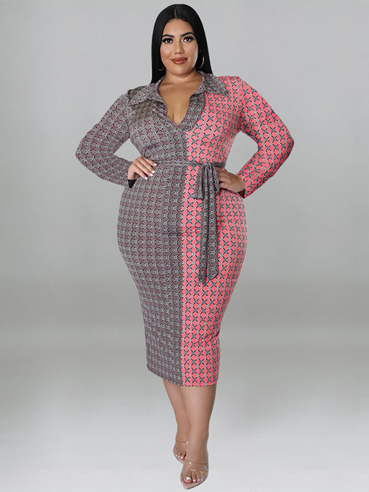 Plus Size Color Block Belted Midi Dresses