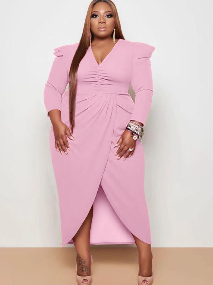 Plus Size Long Sleeve Asymmetrical Midi Dresses