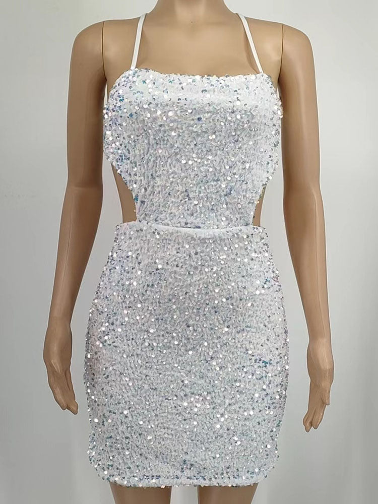 Sequins Sleeveless Tie Up Backless Mini Dresses