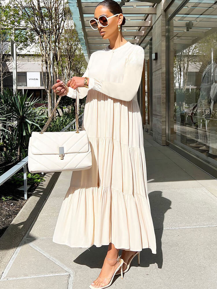 Long Sleeve Solid Ruffle Swing Maxi Dresses