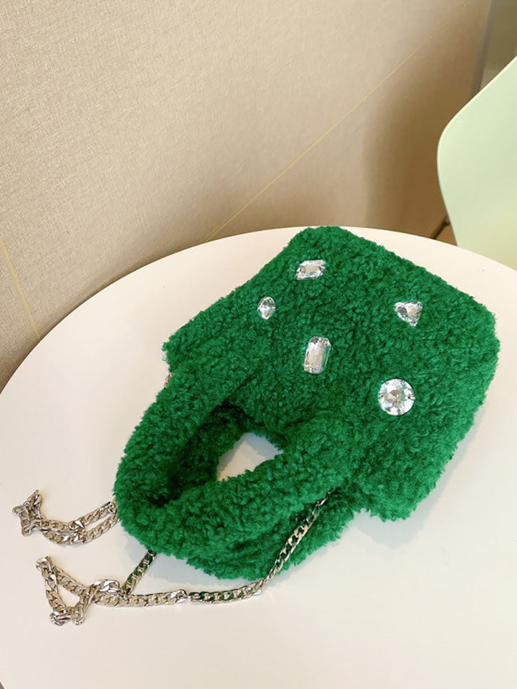 Rhinestone Patchwork Plush Curly Clutches Bags