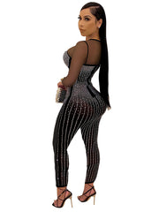 Long Sleeve Mesh Rhinestone Mesh Jumpsuits