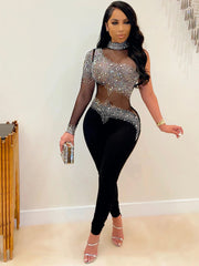 One Sleeve Rhinestone Backless Jumpsuits