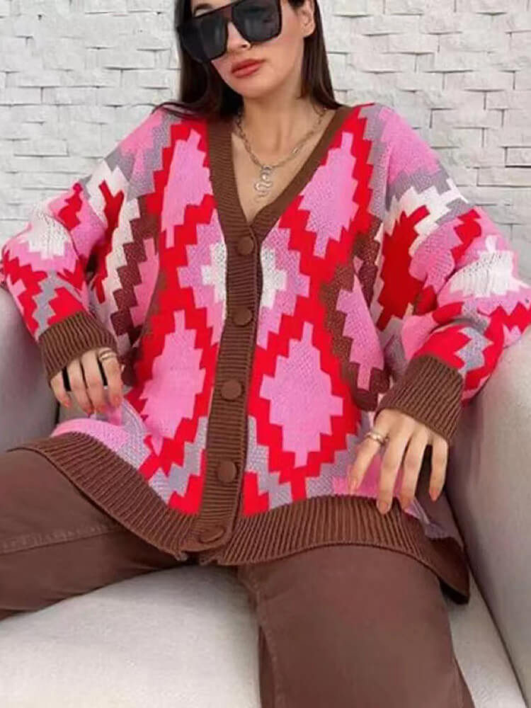 Knit Long Sleeve Color Block Plaid Printed Jackets