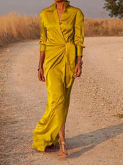 Satin Lapel V Neck Split Maxi Dresses