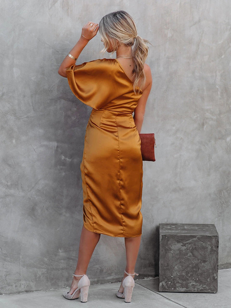 One Shoulder Satin Asymmetrical Hem Midi Dresses