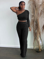 Two Piece Jacquard Crop Top & Long Pants