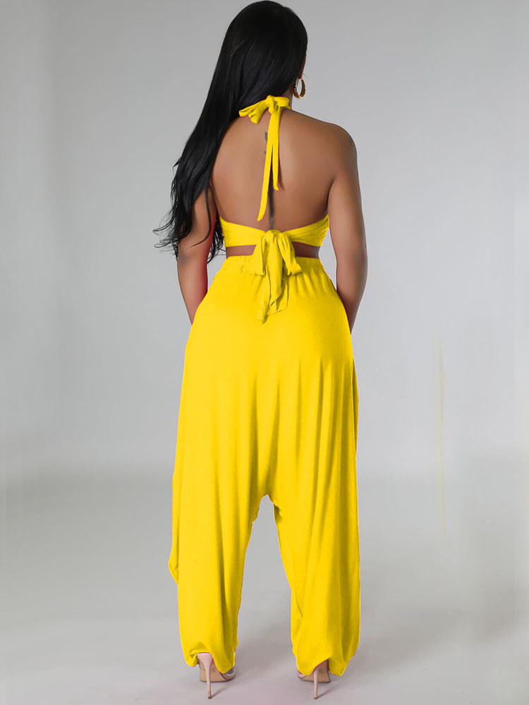 Tie Up Backless Crop Top & Harem Long Pants