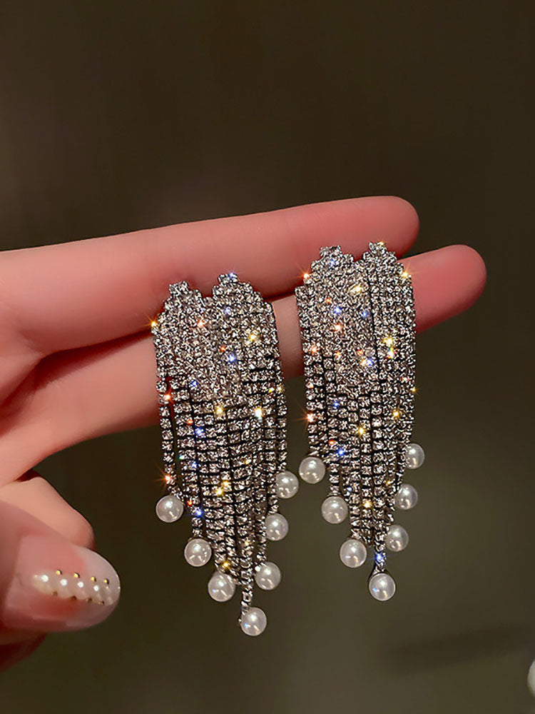 Rhinestone Butterfly Heart Tassel Earrings