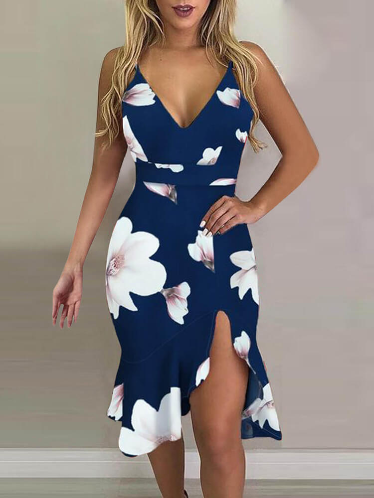 Spaghetti Strap V Neck Printed Split Ruffle Midi Dress