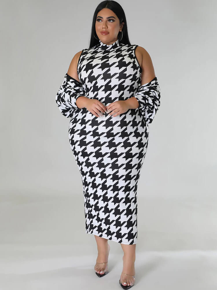 Two Piece Houndstooth Cardigan & Cut Out Midi Dresses