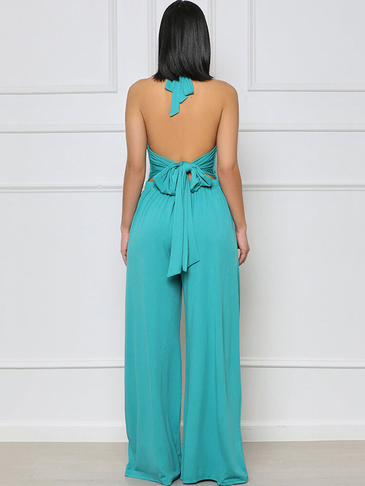 Halter Neck Backless Lace Up Wide Leg Jumpsuits