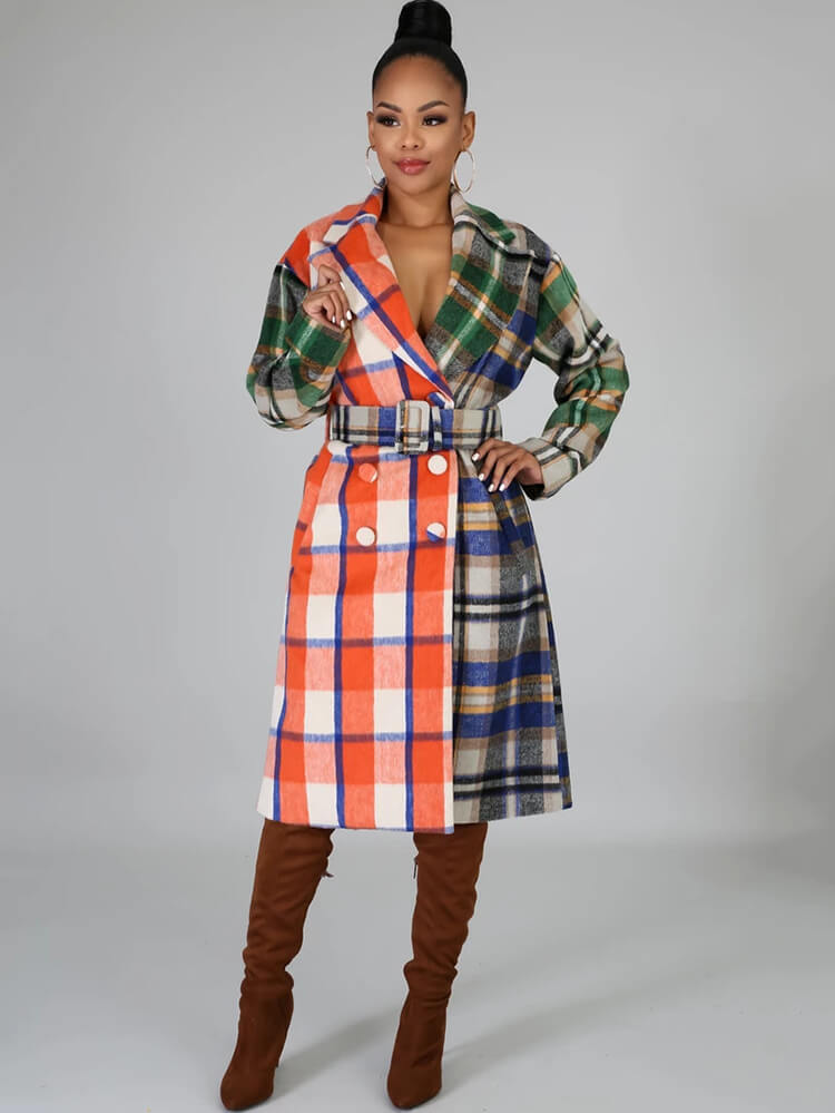 Woolen Long Sleeve Plaid Print Bodycon Coats