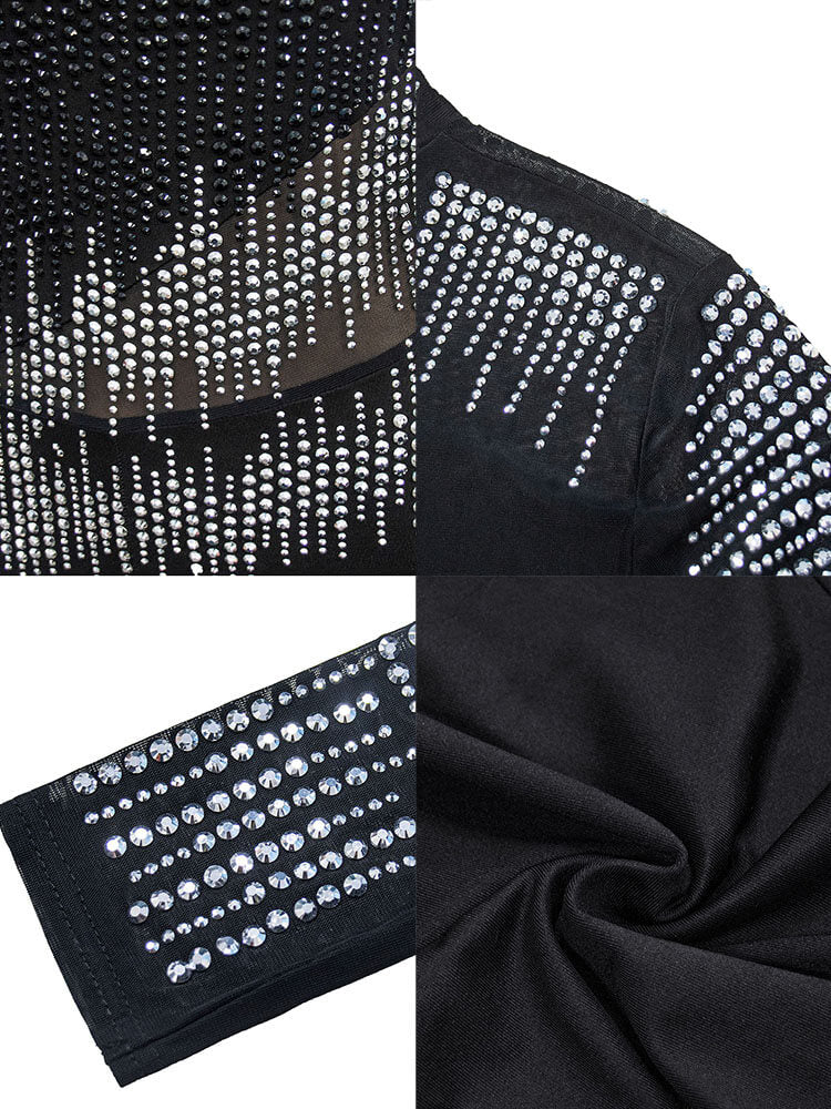 Glitter Rhinestone Mesh Patchwork Bodycon Jumpsuits