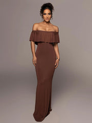 Off Shoulder Solid Ruffle Maxi Dresses