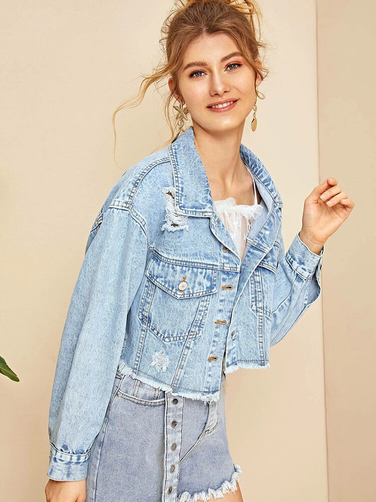 Denim Long Sleeve Ripped Hem Short Jackets